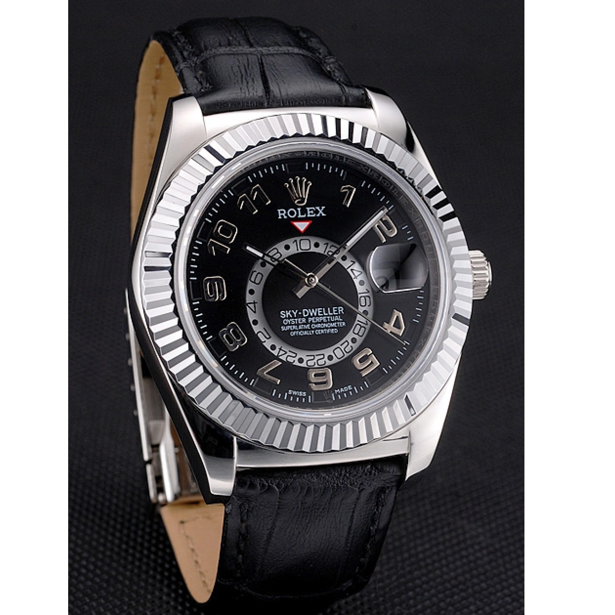 Rolex copies cheap Black Leather Rolex Dweller Case Stainless Sky Black Strap Steel Dial 0531